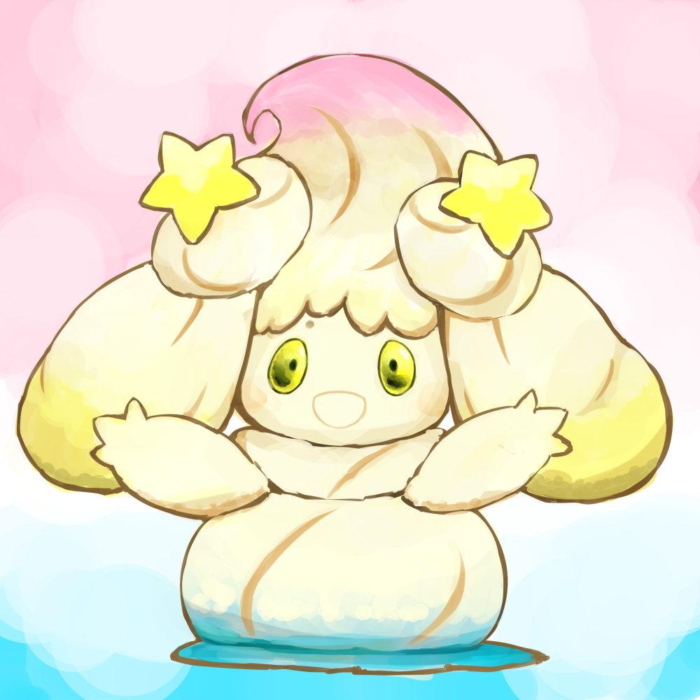 :d alcremie alcremie_(rainbow_swirl) alcremie_(star_sweet) commentary_request creature full_body gen_8_pokemon happy multicolored_background nanami_marron nintendo no_humans open_mouth outstretched_arms pokemon pokemon_(creature) smile solo spread_arms standing star_(symbol) yellow_eyes
