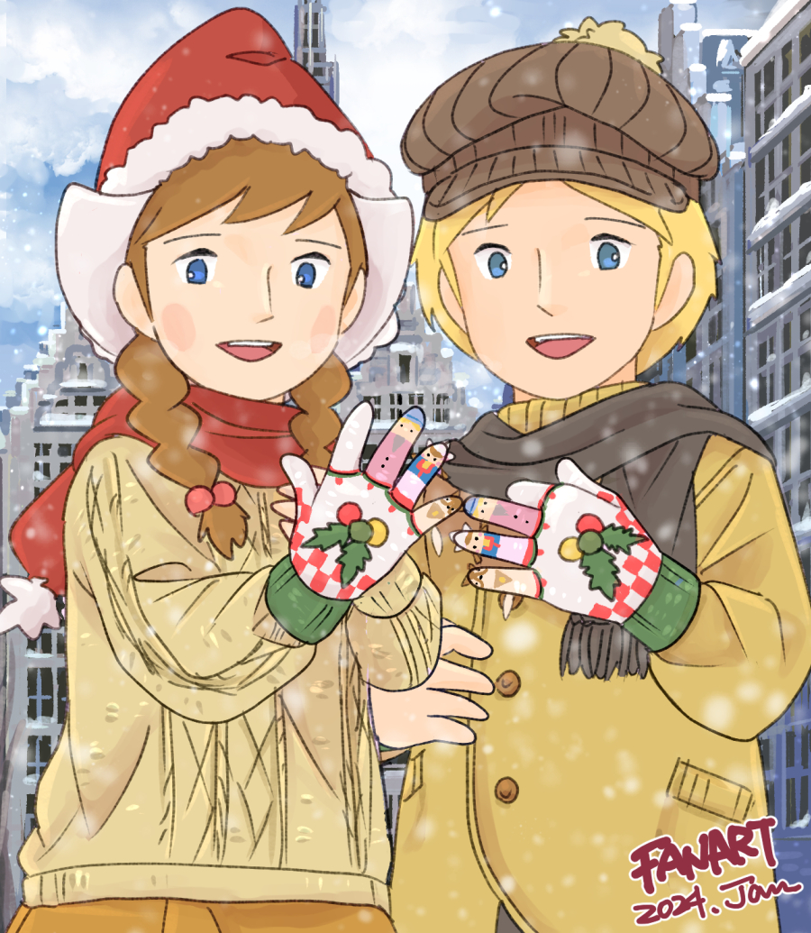 1boy 1girl :d a_dog_of_flanders aloise_cogez blonde_hair blue_eyes blush brown_hair brown_hat city coat dated day gloves grey_scarf hat looking_at_viewer nello_(a_dog_of_flanders) open_mouth outdoors pocco1224 red_hat red_scarf scarf shared_gloves smile sweater