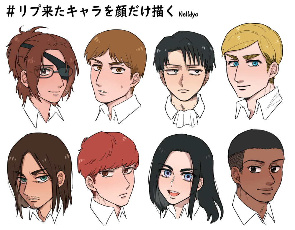 1girl 1other 5boys black_eyes black_hair blonde_hair blue_eyes brown_eyes brown_hair commentary_request dark-skinned_male dark_skin eren_yeager erwin_smith eyepatch facial_hair floch_forster frieda_reiss frown glasses goatee green_eyes hange_zoe levi_(shingeki_no_kyojin) medium_hair mina_(als_dk) moblit_berner multiple_boys onyankopon_(shingeki_no_kyojin) open_mouth red_hair shingeki_no_kyojin smile sweatdrop translation_request