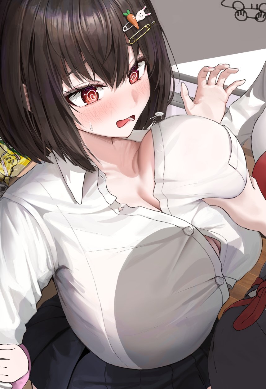 2girls black_hair black_skirt blush bob_cut breasts breasts_day buttons cleavage flying_button grabbing_another&#039;s_breast groping hair_between_eyes hair_ornament hairclip hand_up highres huge_breasts indoors irorong looking_at_another multiple_girls open_mouth original popped_button red_eyes red_ribbon ribbon shirt skirt solo_focus table white_shirt