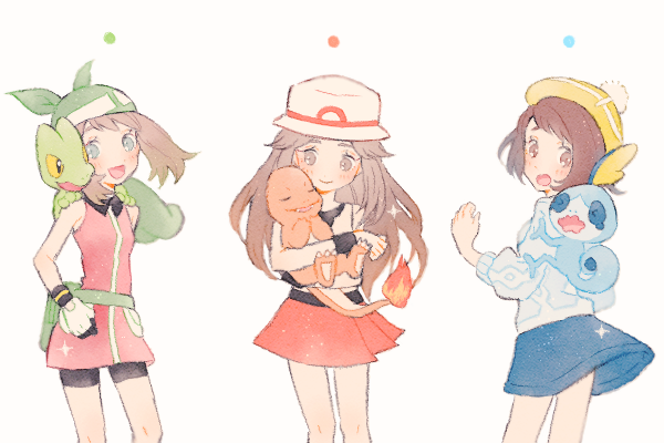 3girls :d alternate_color bandana black_shirt black_shorts blue_dress blue_eyes bob_cut brown_eyes brown_hair cardigan charmander closed_eyes colored_sclera creatures_(company) dress fire game_freak gen_1_pokemon gen_3_pokemon gen_8_pokemon gloria_(pokemon) gloves green_bandana hat holding holding_pokemon leaf_(pokemon) long_hair looking_at_another may_(pokemon) multiple_girls nintendo open_mouth pokemon pokemon_(creature) pokemon_emerald pokemon_frlg pokemon_rse pokemon_swsh red_dress red_skirt ryokuno_green shirt short_hair shorts shorts_under_dress simple_background skirt smile sobble standing treecko twintails upper_body white_background white_cardigan white_gloves white_hat wristband yellow_hat yellow_sclera