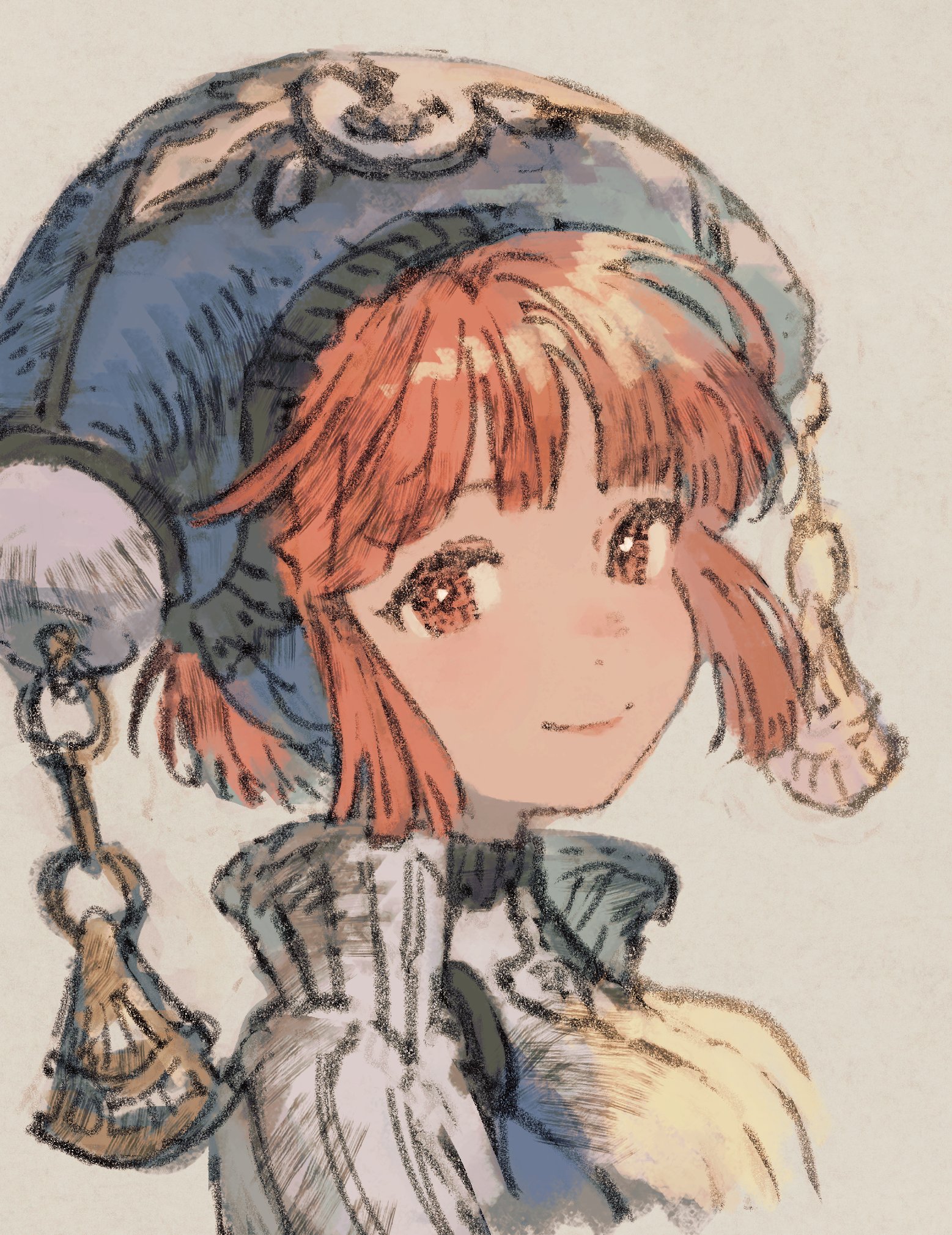 1girl aqua_hat brush_stroke closed_mouth coat collared_shirt dewprism from_side hat hat_ornament highres looking_at_viewer maeka_(kumaekake) maya_(dewprism) profile red_eyes red_hair shirt short_hair simple_background smile solo white_background