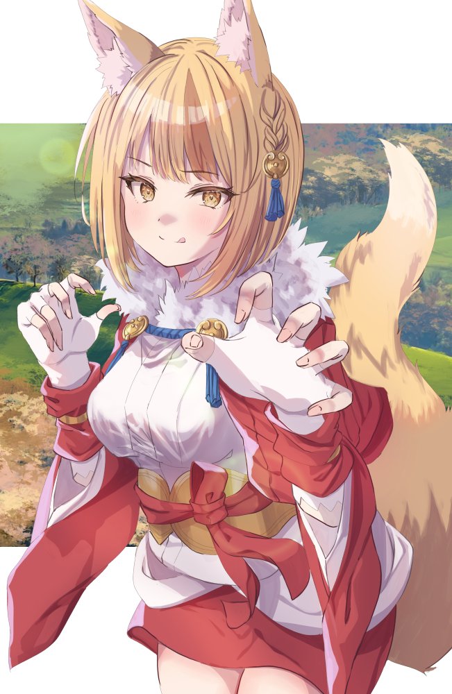 1girl animal_ear_fluff animal_ears claw_pose fingerless_gloves fire_emblem fire_emblem_fates fox_ears fox_girl fox_tail fur-trimmed_jacket fur-trimmed_kimono fur_trim fuussu_(21-kazin) gloves hair_ornament jacket japanese_clothes kimono kitsune looking_at_viewer multicolored_hair nintendo red_sash sash selkie_(fire_emblem) solo streaked_hair string tail tongue tongue_out two-tone_hair yellow_eyes