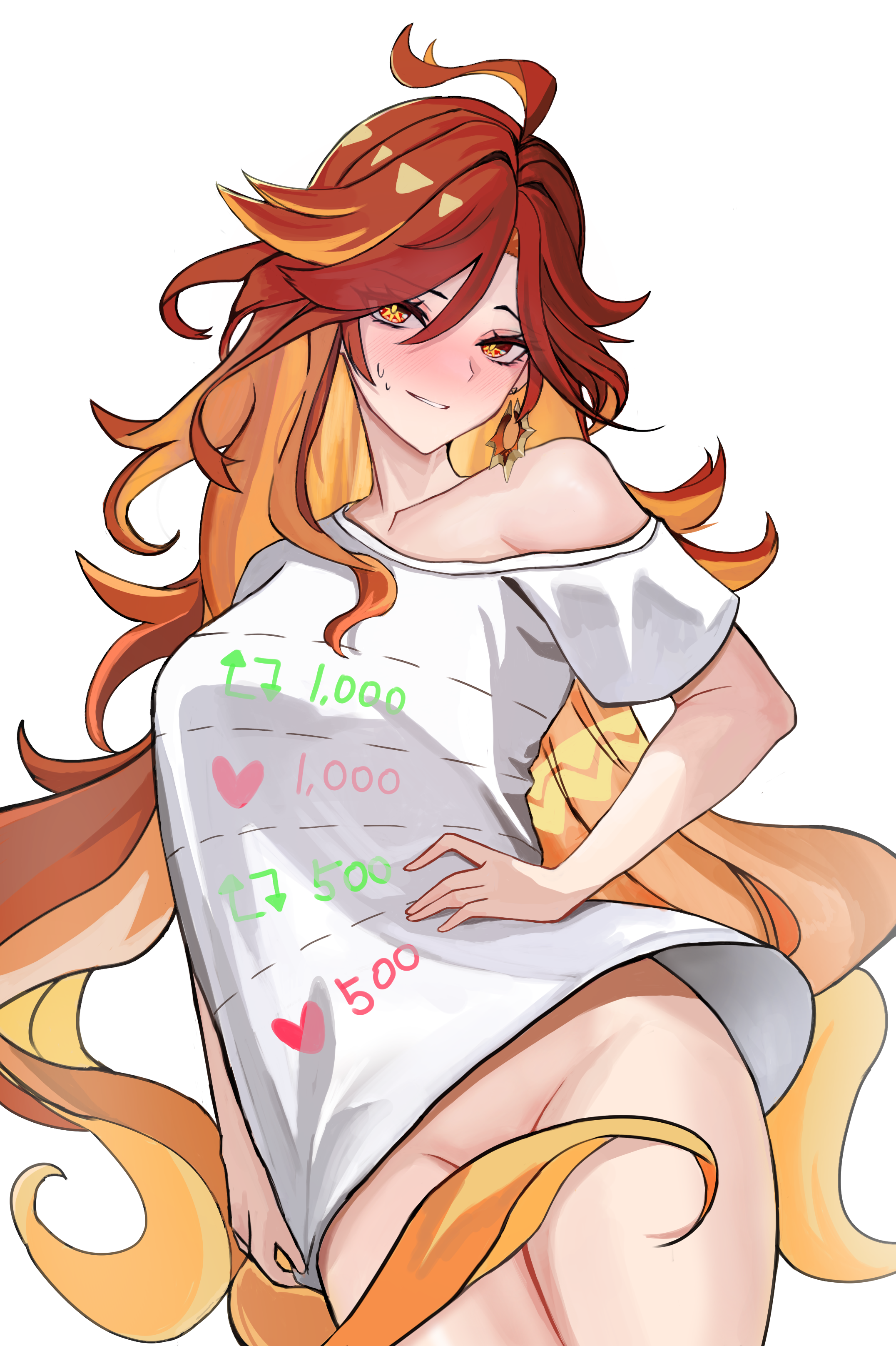 1girl absurdres ahoge bare_shoulders blonde_hair blush breasts closed_mouth collarbone cowboy_shot ear_piercing earrings genshin_impact hand_on_own_hip highres hoop_earrings jewelry large_breasts long_hair looking_at_viewer mavuika_(genshin_impact) multicolored_hair no_panties piercing red_eyes red_hair sevenninet47503 shirt smile solo standing streaked_hair sun_earrings sweat symbol-shaped_pupils symbol_in_eye t-shirt twitter_cutting_game very_long_hair white_background white_shirt yellow_eyes