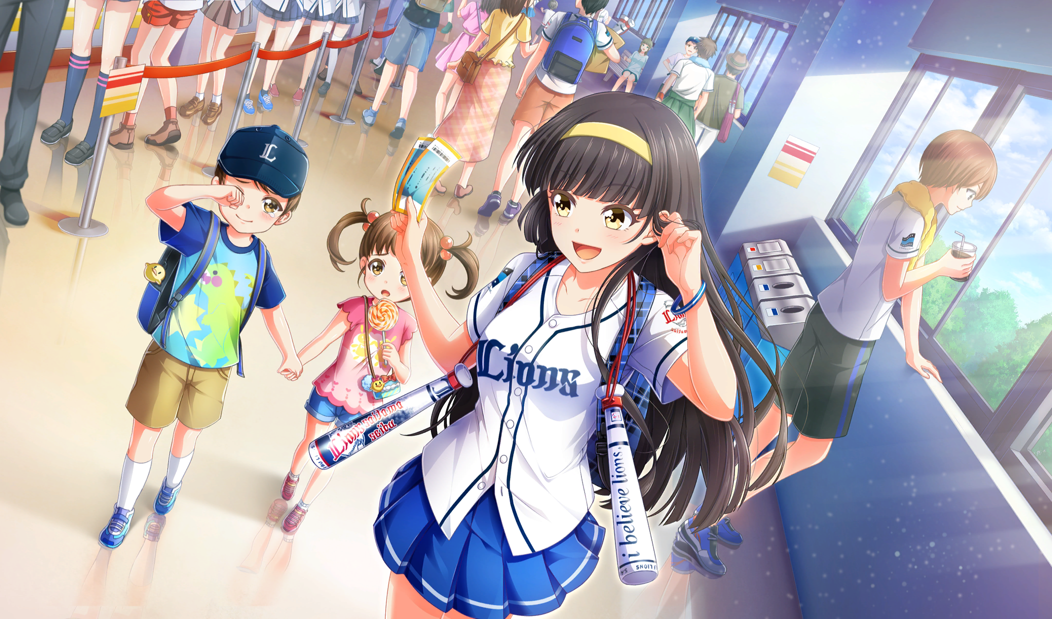 :d backpack bag bag_charm baseball_cap baseball_uniform black_hair black_shorts blue_footwear blue_hat blue_shorts blue_skirt blunt_bangs charm_(object) cinderella_series crowd cup disposable_cup drinking_straw dutch_angle film_grain game_cg hachigatsu_no_cinderella_nine hair_bobbles hair_ornament hairband hand_in_own_hair hat highres holding holding_cup holding_hands holding_ticket indoors light_particles light_rays long_hair looking_at_another multiple_boys multiple_girls nippon_professional_baseball non-web_source official_art open_mouth pink_shirt pink_shoes pleated_skirt print_shirt saitama_seibu_lions shirt shoes shorts skirt smile socks sportswear stanchion sunbeam sunlight teardrop tears ticket trash_can tsukishima_yui_(hachigatsu_no_cinderella_nine) walking white_socks window wiping_tears yellow_eyes yellow_hairband