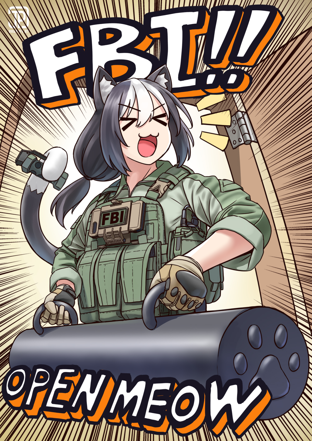 ! !! &gt;_&lt; 1girl :3 alternate_costume ammunition_pouch animal_ear_fluff animal_ears artist_logo battering_ram black_hair body_armor brown_gloves buckle cat_ears cat_tail closed_eyes commentary dated emphasis_lines english_commentary english_text fbi fbi_open_up_(meme) flashbang gloves green_jacket green_shirt highres holding holding_with_tail jacket jpc load_bearing_vest logo long_hair low-tied_long_hair low_ponytail meme multicolored_hair notice_lines open_door open_mouth original ponytail pouch prehensile_tail shirt sleeves_rolled_up snap-fit_buckle solo streaked_bangs streaked_hair tactical_clothes tail tail_hold two-tone_hair upper_body v-shaped_eyebrows white_hair