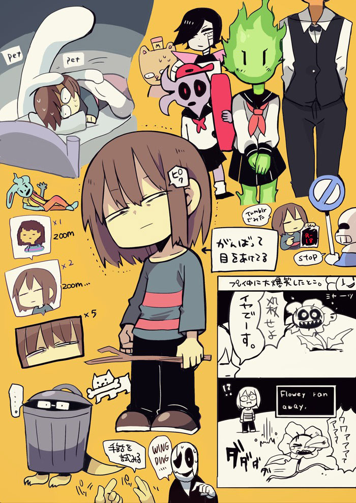 alphys annoying_dog bed black_pants black_sclera blue_shirt bone brown_hair burgerpants character_request colored_sclera english_text flowey_(undertale) frisk_(undertale) grillby half-closed_eyes holding holding_stick mettaton mettaton_ex pants pillow pink_stripes red_eyes shirt short_hair skeleton stick sweat terada_tera translation_request undertale w.d._gaster