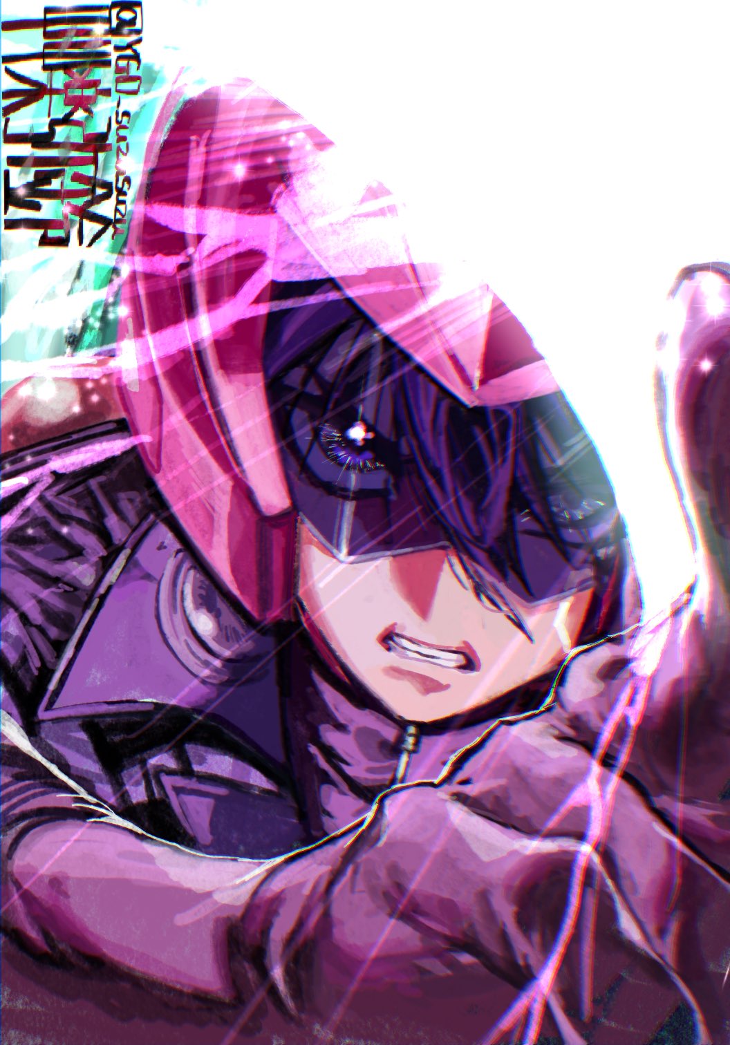 1boy black_hair brown_gloves card clenched_teeth close-up fudo_yusei gloves glowing helmet highres holding holding_card jacket male_focus parted_lips purple_eyes red_helmet sagara_iyori solo teeth trading_card yu-gi-oh! yu-gi-oh!_5d&#039;s