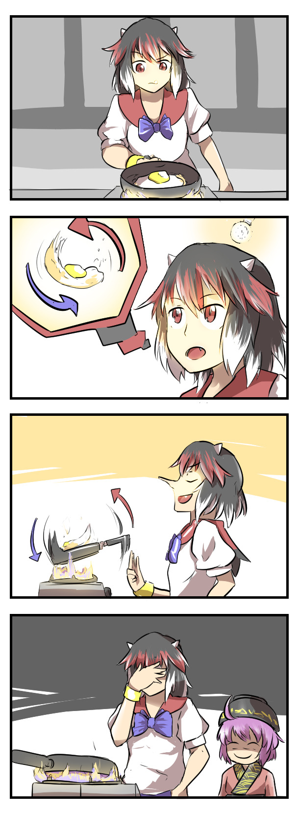 2girls 4koma ahoge arrow_(symbol) black_hair blue_bow bow bowl bowl_hat bracelet closed_eyes comic commentary cooking double_dealing_character egg_(food) english_commentary facepalm failure false_smile fang fire flipping_food food frying_pan hat highres hisuikouha holding holding_frying_pan japanese_clothes jewelry kijin_seija kimono long_nose medium_hair multicolored_hair multiple_girls mundane_utility purple_hair red_eyes red_kimono shaded_face shirt small_horns smile smug sukuna_shinmyoumaru thinking touhou upside-down white_shirt yellow_bracelet you&#039;re_doing_it_wrong