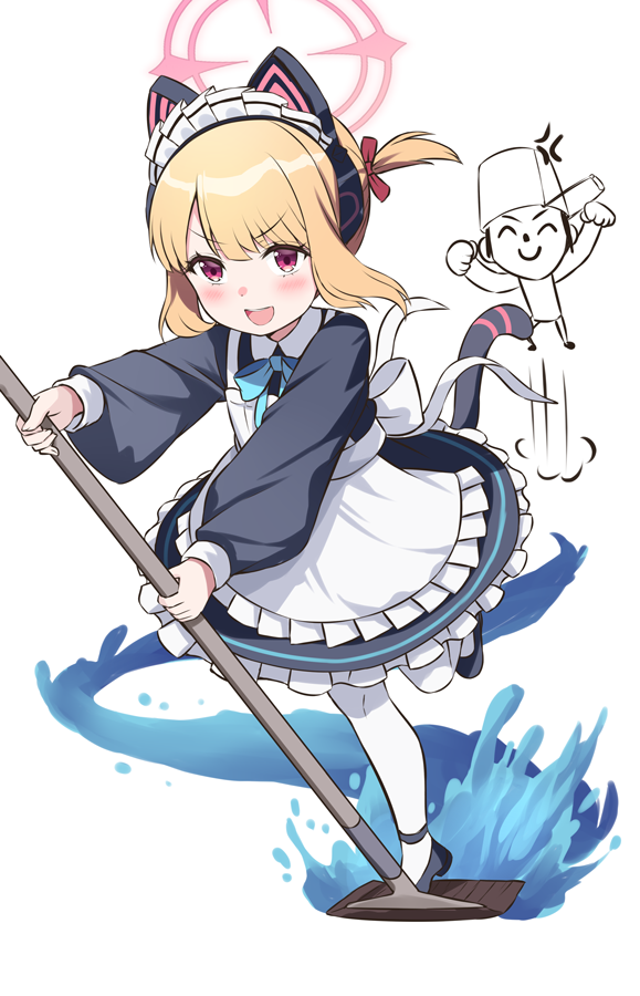1boy 1girl anger_vein animal_ear_headphones animal_ears apron asymmetrical_bangs black_dress blonde_hair blue_archive blue_ribbon bucket bucket_on_head commentary_request doodle_sensei_(blue_archive) dress fake_animal_ears fake_tail halo headphones holding holding_mop leg_up long_sleeves looking_at_viewer maid maid_apron maid_headdress mary_janes medium_hair momoi_(blue_archive) momoi_(maid)_(blue_archive) mop object_on_head open_mouth pink_halo red_eyes ribbon s_(hdru2332) sensei_(blue_archive) shoes smile tail water white_background