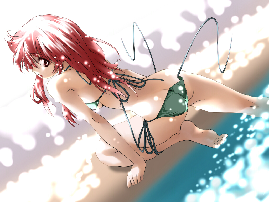 alric ass barefoot bikini green_bikini long_hair looking_back original red_eyes red_hair side-tie_bikini_bottom solo swimsuit wardrobe_malfunction water
