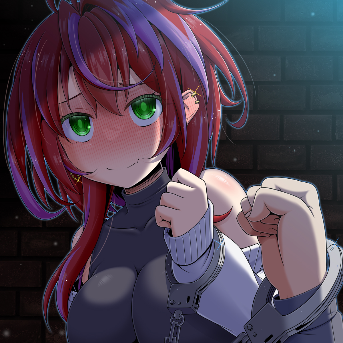 1girl 1other akane_canna alternate_costume black_shirt blush breasts brick_wall closed_mouth commentary_request cuffs ear_blush earrings green_eyes grey_sweater handcuffs highres impossible_clothes impossible_shirt jewelry large_breasts long_hair long_sleeves looking_at_viewer miso_panda multicolored_hair multiple_earrings nanashi_inc. nose_blush pov pov_hands purple_hair red_hair shirt sleeveless sleeveless_shirt smile solo_focus streaked_hair sweater two-tone_hair upper_body virtual_youtuber