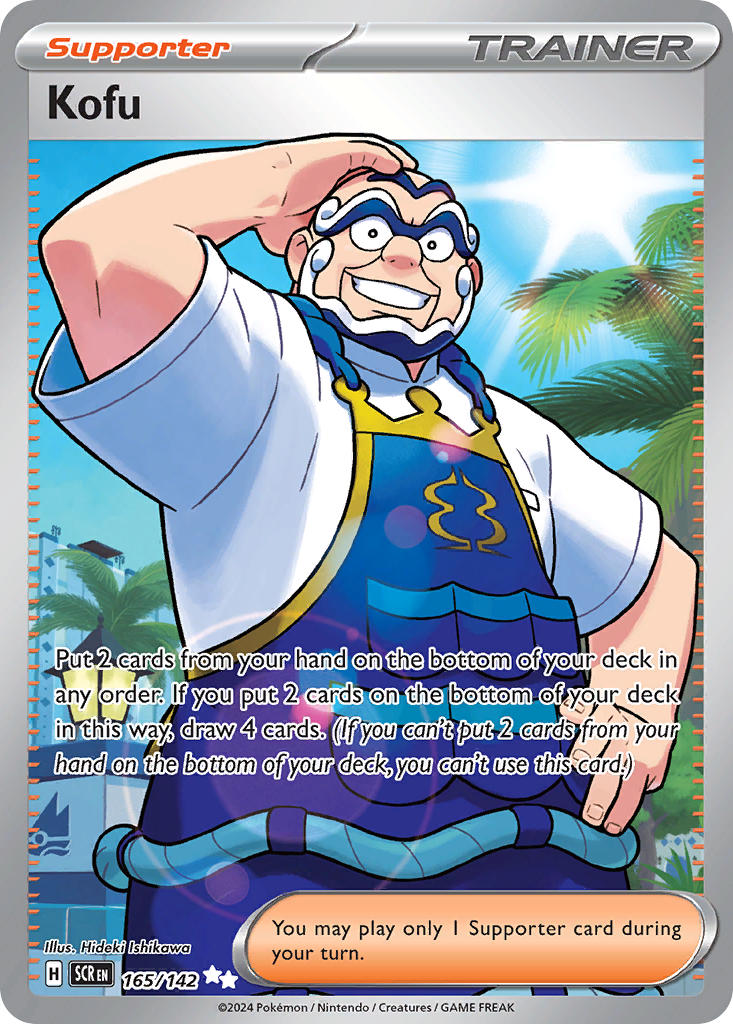 1boy artist_name bald beard blue_sky card_(medium) character_name company_name copyright_name copyright_notice day english_text facial_hair hand_on_own_head hand_on_own_hip ishikawa_hideki kofu_(pokemon) lamppost lens_flare male_focus nintendo official_art palm_tree pokemon pokemon_card pokemon_sv pokemon_tcg shirt short_sleeves sky smile solo sun teeth thick_eyebrows third-party_source trading_card tree white_shirt