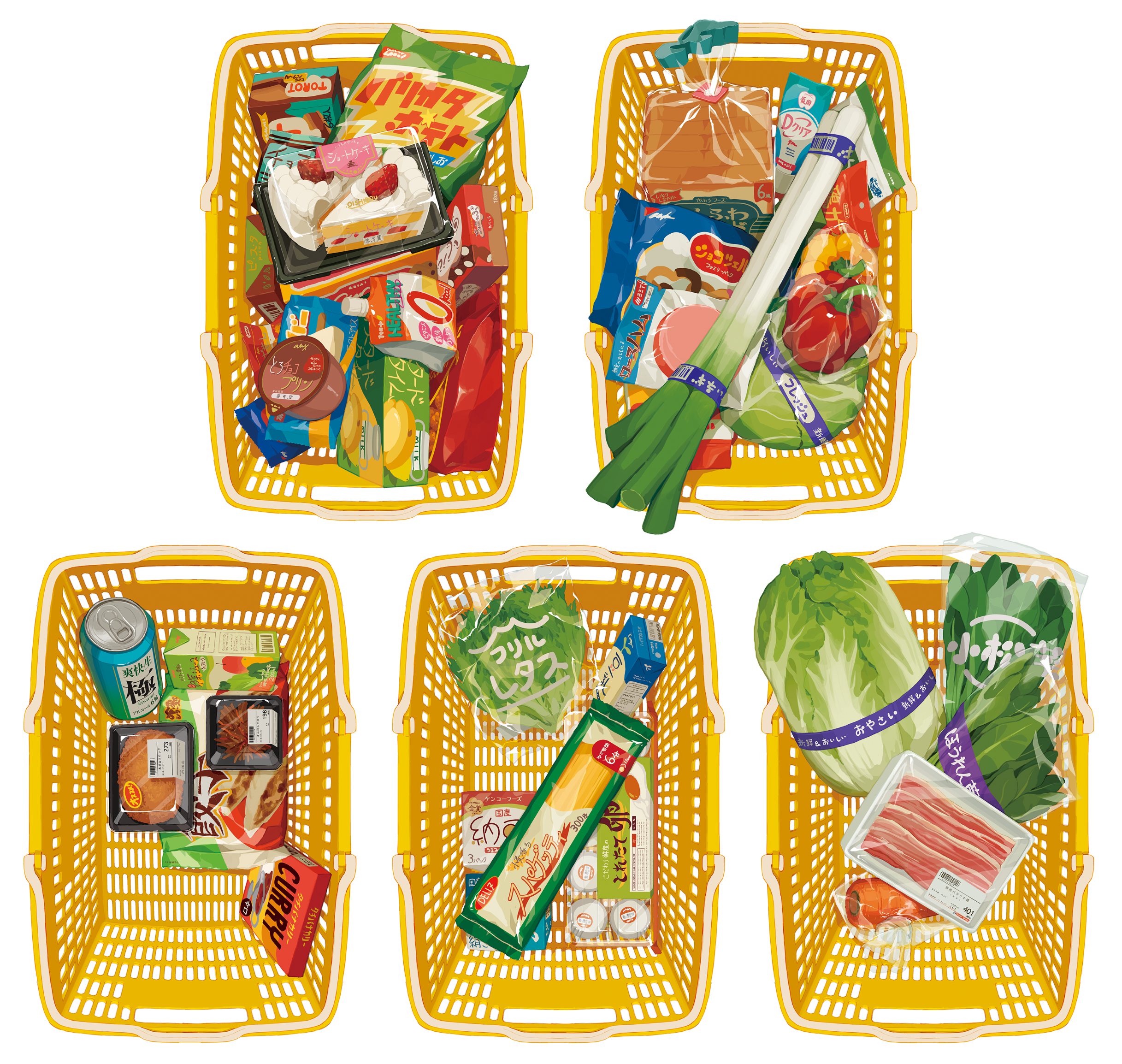 barcode basket bell_pepper bottle bread bread_slice cabbage cake cake_slice can carrot commentary_request copyright_request drink_can food food_packaging food_wrapper highres juice_carton kaname_(emanalc) meat no_humans official_art plastic_wrap price_tag shopping_basket shrink_wrap simple_background still_life toast translation_request vegetable white_background