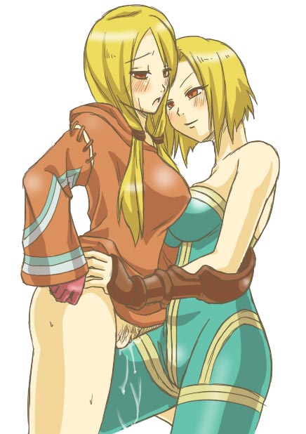 2girls bare_shoulders blonde_hair blush bodysuit bottomless brown_eyes female_focus final_fantasy final_fantasy_tactics fingerless_gloves frottage geomancer geomancer_(fft) gloves long_hair monk monk_(fft) multiple_girls night-light pubic_hair pussy pussy_juice red_eyes short_hair smile sweat twintails uncensored yuri