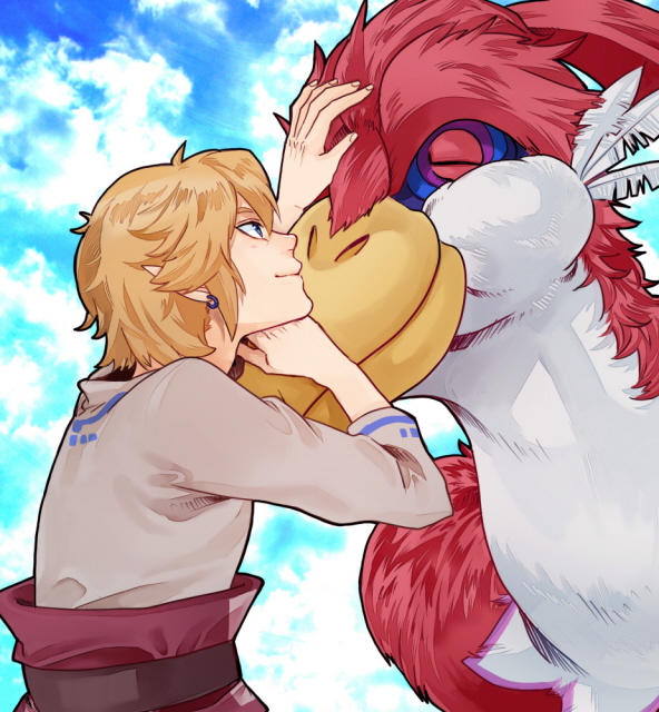 1boy bad_id bad_pixiv_id bird blonde_hair blue_eyes closed_eyes earrings jewelry link loftwing male_focus nintendo pointy_ears sky smile solo the_legend_of_zelda the_legend_of_zelda:_skyward_sword ys_(momonnga)