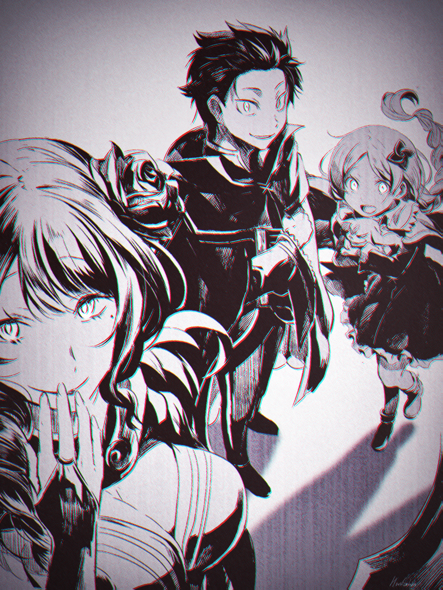 1boy 2girls black_hair braid braided_ponytail breasts cleavage dog elsa_granhilte flower flower_on_head fur_trim gesugao granhilte high_collar highres large_breasts long_hair meili_portroute mole mole_under_eye monochrome multiple_girls natsuki_subaru re:zero_kara_hajimeru_isekai_seikatsu short_hair