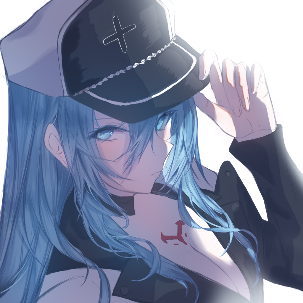 1girl 2311766793 adjusting_clothes adjusting_headwear akame_ga_kill! black_jacket blue_eyes blue_hair breasts chest_tattoo cleavage closed_mouth esdeath hair_between_eyes hat jacket long_hair long_sleeves looking_at_viewer peaked_cap solo tattoo upper_body