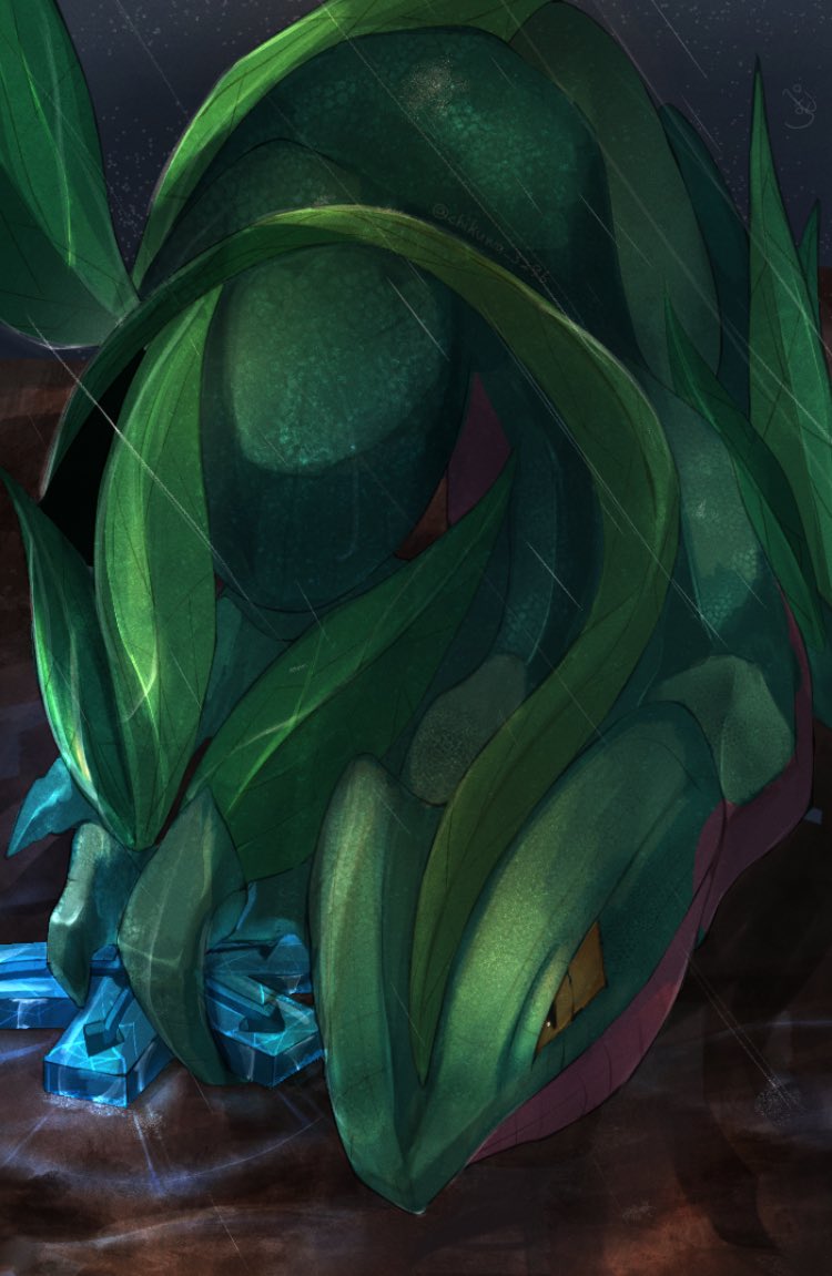 colored_skin gen_3_pokemon green_skin grovyle multicolored_skin nintendo no_humans outdoors pemuchi_(chikuwa_3296) pokemon pokemon_(creature) rain red_skin solo time_gear two-tone_skin yellow_eyes
