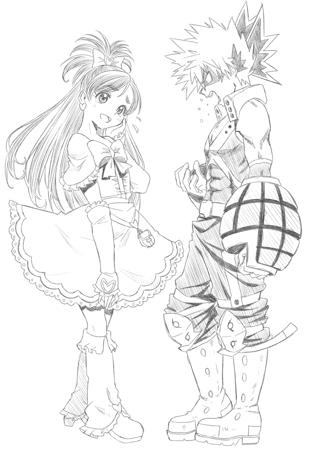 1boy 1girl :d bakugou_katsuki blush boku_no_hero_academia boots bow commentary_request crossover cure_white detached_sleeves dress earrings frilled_dress frills futari_wa_precure gloves greyscale hair_bow hair_ornament half_updo happy heart heart_earrings highres jewelry jj_(ssspulse) leg_warmers long_hair mask monochrome open_mouth precure short_hair simple_background sketch smile standing white_background white_dress white_leg_warmers yukishiro_honoka