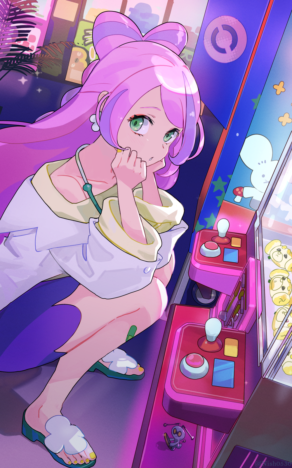 1girl arcade arcade_stick bandaid bandaid_on_leg bow-shaped_hair coat coin collarbone controller crane_game earrings fidough flower_earrings game_controller gen_5_pokemon gimmighoul gimmighoul_(roaming) green_eyes highres hsin jewelry joystick lab_coat long_hair long_sleeves miriam_(pokemon) multicolored_hair nail_polish nintendo off-shoulder_sweater off_shoulder open_clothes pink_hair pokemon pokemon_sv purple_hair sandals skirt solo stethoscope streaked_hair stuffed_toy stunfisk sweater swept_bangs tandemaus toenail_polish toenails toes white_coat yellow_nails yellow_sweater