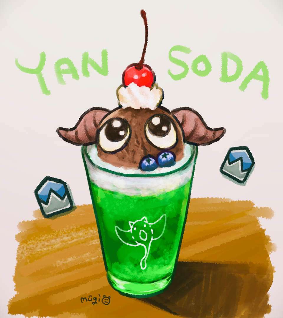 character_name cherry chibi cream cup final_fantasy final_fantasy_xiv food fruit gameplay_mechanics ice_cream ice_cream_float looking_at_viewer melon_soda mugi_(shrimpi_mugi) no_humans signature yan_(final_fantasy)