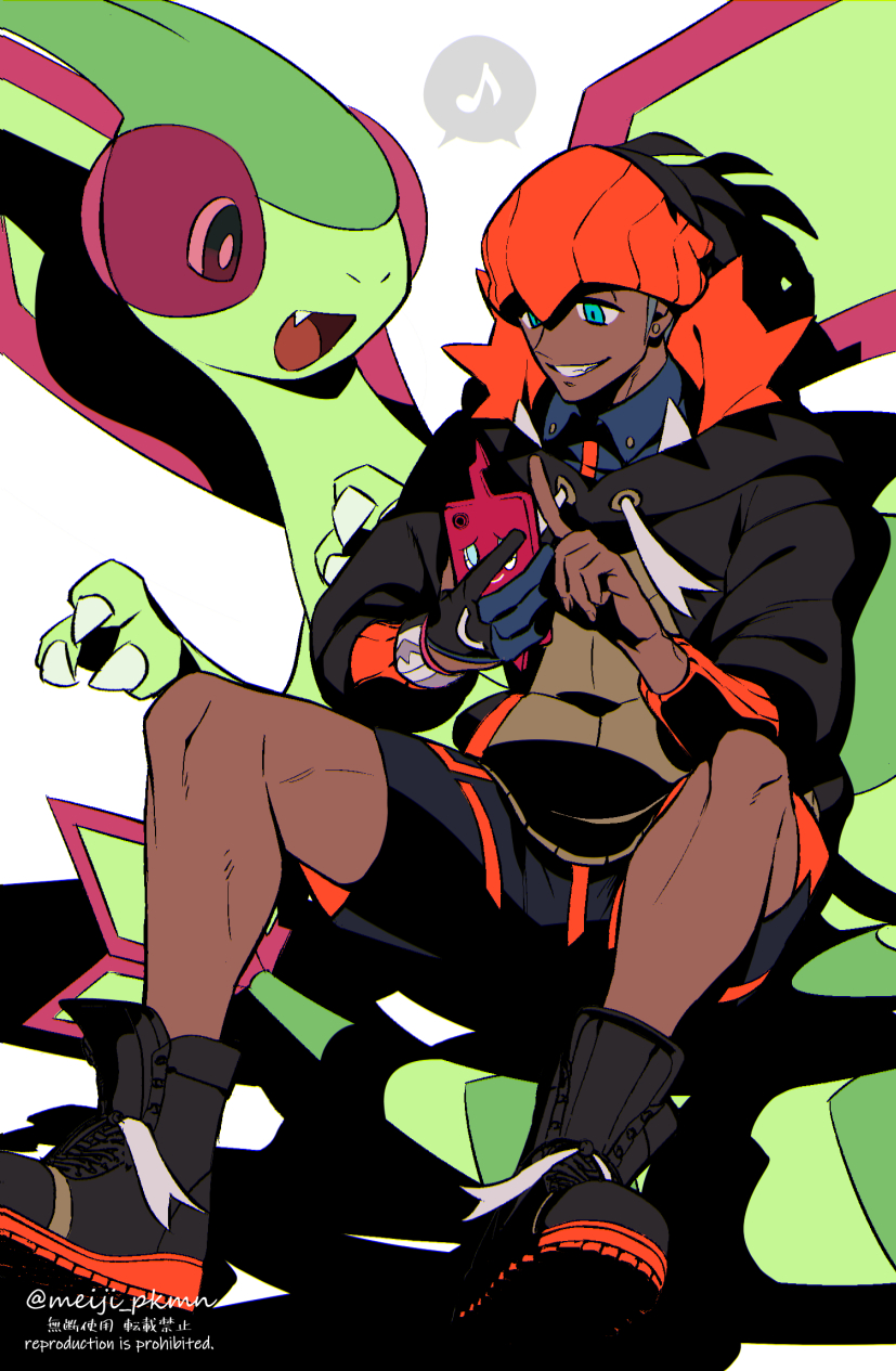 1boy aqua_eyes artist_name black_hair black_hoodie commentary_request dark-skinned_male dark_skin dynamax_band earrings english_text flygon gen_3_pokemon gen_4_pokemon gloves gym_leader highres holding hood hoodie index_finger_raised jewelry knees meiji_ken musical_note nintendo official_style orange_headwear pokemon pokemon_(creature) pokemon_swsh raihan_(pokemon) rotom rotom_phone shoes shorts single_glove smile speech_bubble spoken_musical_note teeth watermark