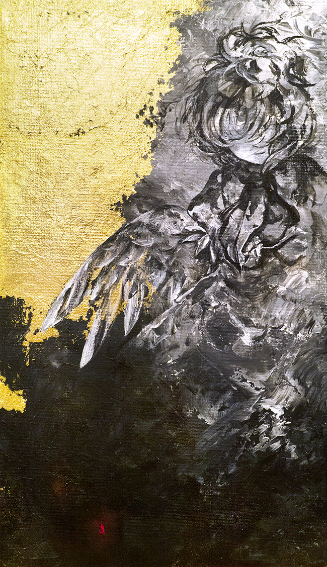 1girl bird_girl bird_wings chicken_girl chicken_wing covered_eyes feathered_wings ikeda_ruriko medium_hair niwatari_kutaka painting_(medium) shaded_face shadow solo touhou traditional_media wings yellow_background