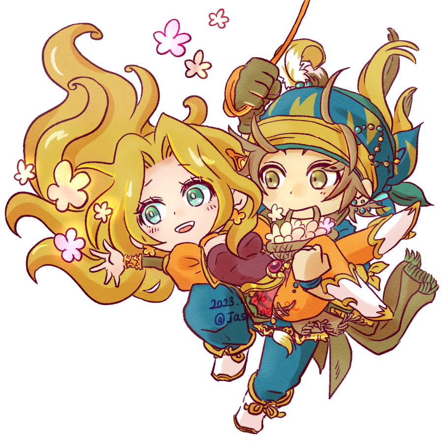 1boy 1girl blonde_hair blue_headscarf blue_pants boots breasts brown_hair carrying celes_chere chibi earrings feather_hair_ornament feathers final_fantasy final_fantasy_vi flower flower_basket gold_trim green_eyes grey_eyes hair_flower hair_ornament headscarf jasmine_82 jewelry light_blush locke_cole long_hair medium_breasts orange_pants pants parted_bangs princess_carry puffy_short_sleeves puffy_sleeves sash short_hair short_sleeves swinging transparent_background waist_sash white_footwear