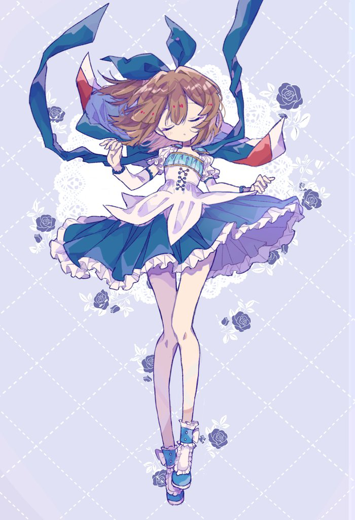 1girl arle_nadja armor blue_background blue_bow blue_cape blue_dress blue_shoes bow brown_hair cape closed_eyes detached_sleeves dress facing_viewer floating_clothes floating_hair flower footwear_bow frilled_dress frilled_footwear frilled_sleeves frills full_body futaba969649 hair_bow long_legs puffy_short_sleeves puffy_sleeves puyopuyo shoes short_hair short_sleeves shoulder_armor simple_background solo u_u volks_dd w_arms white_bow white_dress