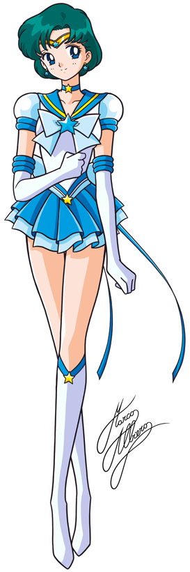 1girl bishoujo_senshi_sailor_moon bishoujo_senshi_sailor_moon_stars blue_bow blue_eyes blue_hair blue_sailor_collar blue_skirt boots bow brooch choker earrings elbow_gloves female_focus full_body gloves jewelry knee_boots layered_skirt looking_at_viewer magical_girl marco_albiero matching_hair/eyes mizuno_ami puffy_sleeves sailor_collar sailor_mercury short_hair signature skirt smile solo standing star_brooch super_sailor_mercury_(stars) tiara white_background white_boots white_gloves