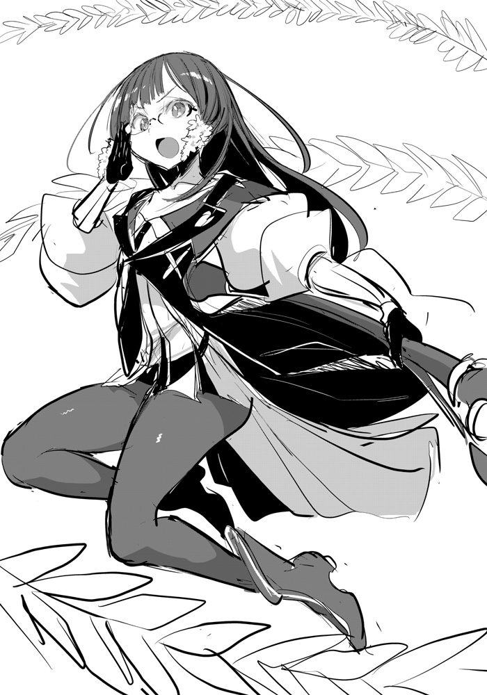 1girl adjusting_eyewear blunt_bangs boots dress flower full_body glasses gloves greyscale hand_on_eyewear hand_up ken_(koala) komachi_mikura long_hair long_sleeves looking_at_viewer magia_record:_mahou_shoujo_madoka_magica_gaiden magical_girl mahou_shoujo_madoka_magica monochrome open_mouth pantyhose simple_background solo weapon white_background