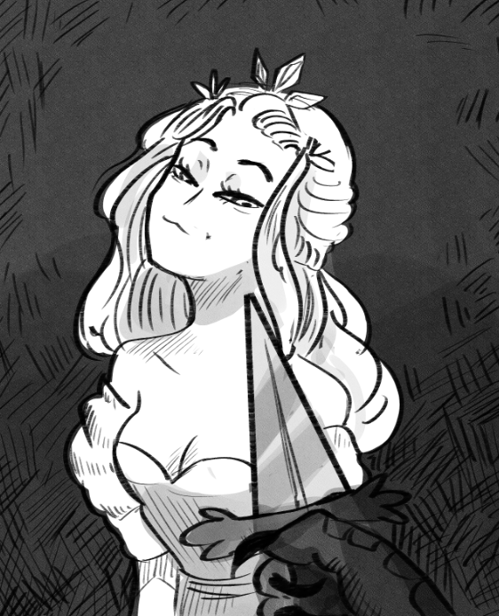 1girl aria_niziolek at_knifepoint bare_shoulders breasts cleavage detached_sleeves dress grey_background holding holding_knife knife knife_cat_(meme) long_hair looking_at_viewer meme pointing_melee_weapon princess_(slay_the_princess) slay_the_princess small_breasts smug the_hero_(slay_the_princess) upper_body