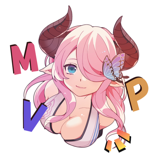 1girl bikini blue_eyes breasts butterfly_hair_ornament cleavage commentary_request draph english_text granblue_fantasy hair_ornament hair_over_one_eye horns long_hair looking_at_viewer looking_up medium_breasts mvp narmaya_(granblue_fantasy) narmaya_(summer)_(granblue_fantasy) notice_lines pointy_ears portrait sidelocks smile sweet_love4s swimsuit white_background