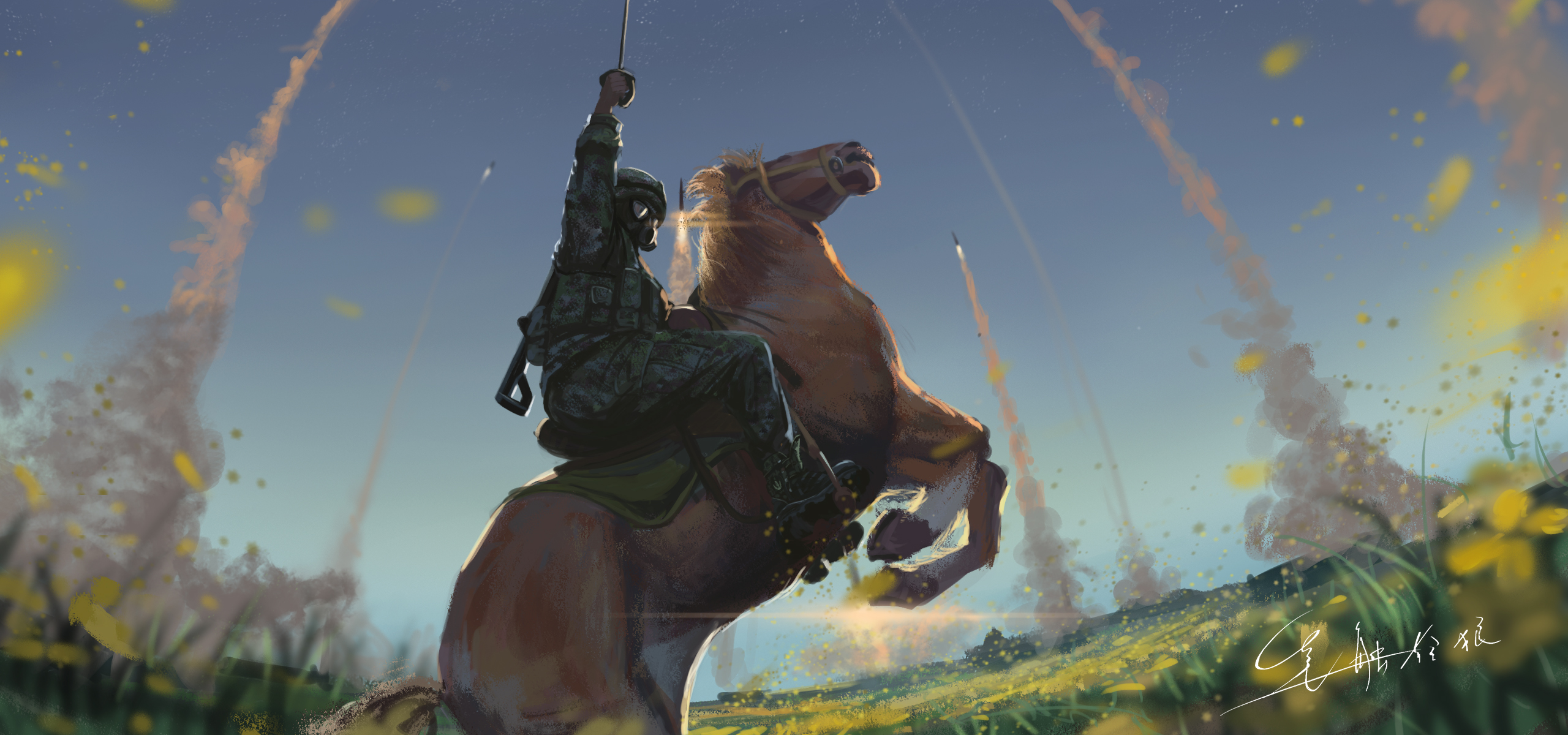 blue_sky contrail field flower flower_field gas_mask grass helmet highres horseback_riding launching load_bearing_vest mask military military_combat_uniform military_uniform missile original people's_liberation_army people's_liberation_army_rocket_force riding shouhui_lang_qun signature sky smoke sword weapon yellow_flower
