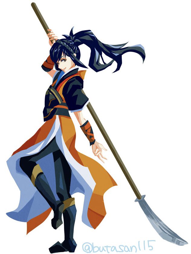 1girl apron armor blue_hair braid brown_eyes butasan_115 crown_braid fire_emblem fire_emblem_fates hair_between_eyes high_ponytail holding holding_polearm holding_weapon japanese_armor japanese_clothes long_hair looking_at_viewer naginata nintendo oboro_(fire_emblem) orange_apron polearm ponytail solo weapon