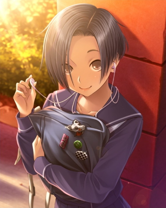1girl bag black_hair black_serafuku bob_cut brick brick_wall brown_eyes charm_(object) digital_media_player earbuds earphones evening forehead grass hair_over_one_eye hand_up holding kobayakawa_rinko lips long_sleeves looking_at_viewer love_plus neckerchief official_art outdoors parted_bangs pink_lips plant pleated_skirt sailor_collar school_bag school_uniform serafuku short_hair shoulder_bag single_earphone_removed skirt smile solo standing white_neckerchief winter_uniform