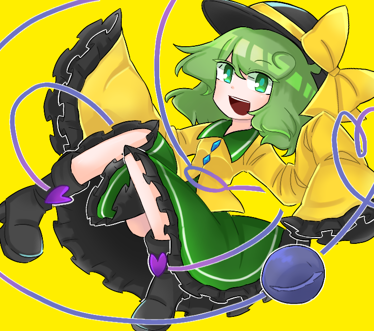 1girl black_boots black_hat boots bow buttons collared_shirt colored_eyelashes commentary diamond_button flat_chest frilled_skirt frills green_eyes green_hair green_skirt hat hat_bow heart heart_of_string komeiji_koishi long_sleeves medium_hair open_mouth priswocaer shirt simple_background skirt sleeves_past_fingers sleeves_past_wrists smile solo teeth third_eye touhou upper_teeth_only wide_sleeves yellow_background yellow_bow yellow_shirt
