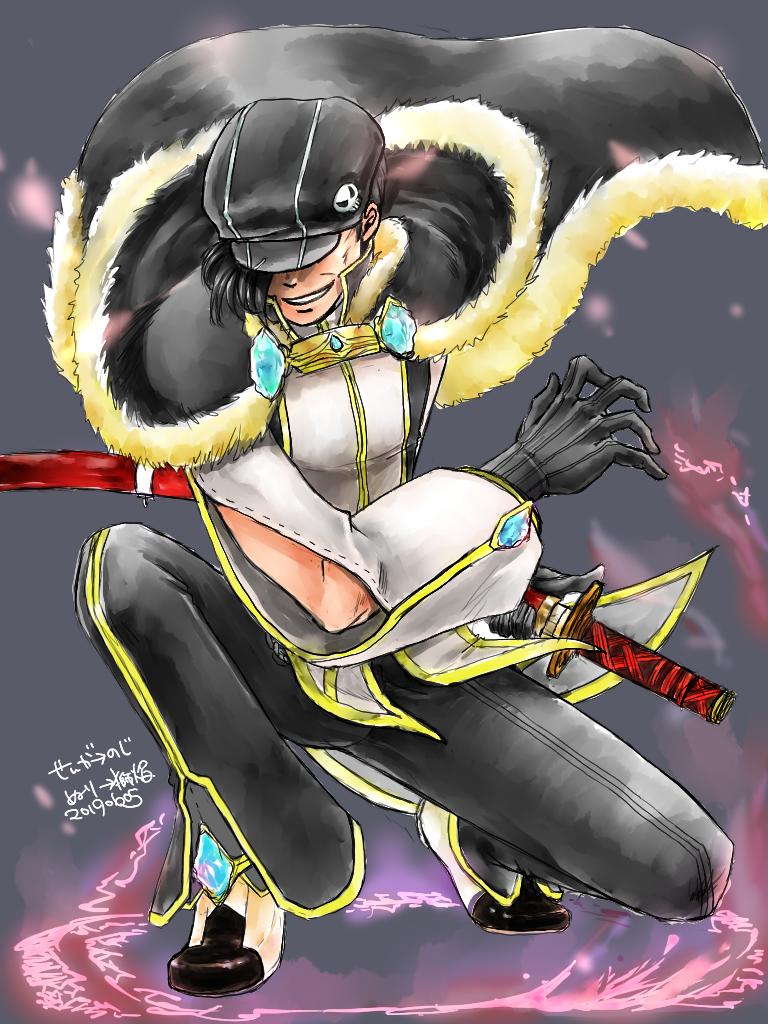 1boy black_cape black_gloves black_hair black_hat black_pants black_shirt black_shoes blue_gemstone newsboy_cap cape commentary_request elbow_cutout fighting_stance fire full_body fur-trimmed_cape fur_trim gem gloves gold_trim grey_background grin hat hat_ornament hat_over_one_eye iqse katana long_sleeves magic_circle male_focus official_alternate_costume pants pink_fire ragnarok_online ready_to_draw shirt shoes short_hair skull_hat_ornament smile solo squatting sword two-tone_shirt warlock_(ragnarok_online) weapon white_shirt