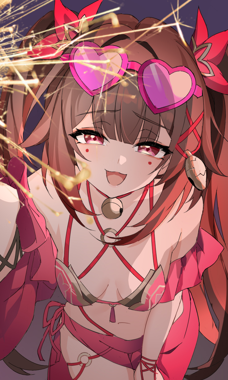 1girl bare_shoulders bent_over bikini blush bow breasts brown_hair evzeva eyewear_on_head fireworks hair_ornament heart heart-shaped_eyewear highres honkai:_star_rail honkai_(series) long_hair looking_at_viewer mark_under_both_eyes medium_breasts navel open_mouth red_bikini red_eyes sarong smile solo sparkle sparkle_(honkai:_star_rail) swimsuit tinted_eyewear twintails