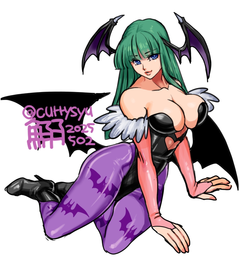 1girl animal_print bare_shoulders bat_print black_boots black_leotard blue_eyes boots breasts bridal_gauntlets cleavage clothing_cutout cutout_above_navel darkstalkers demon_girl demon_wings full_body green_hair head_wings heart_cutout high_heel_boots high_heels highleg highleg_leotard huge_breasts large_breasts leotard long_hair low_wings morrigan_aensland multiple_wings pantyhose pink_bridal_gauntlets print_pantyhose purple_pantyhose solo tokisige wings
