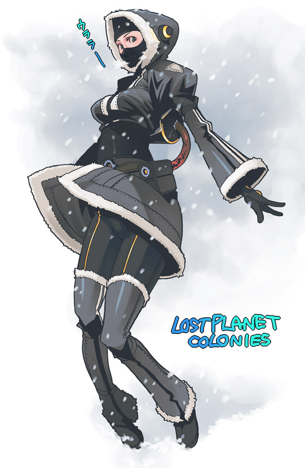1girl balaclava blue_eyes boots breasts capcom coat cold crossover fur_trim g-room_honten hood lost_planet lost_planet_colonies mask parody snow space_channel_5 thigh_boots thighhighs tiptoes ulala winter_clothes winter_coat
