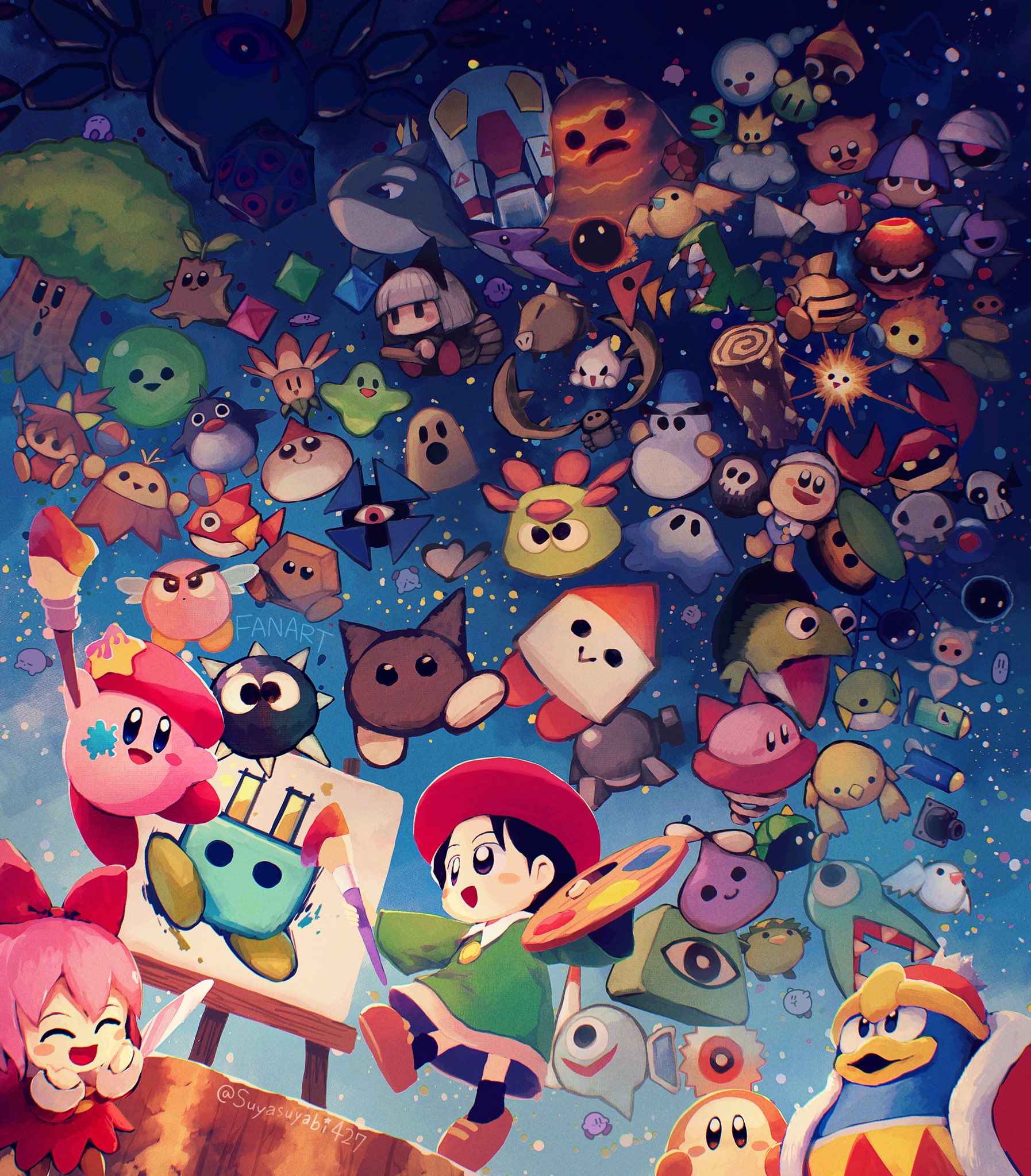 2girls 3boys 6+others acro_(kirby) adeleine artist_kirby beak beanie beret bird bivolt black_hair blowfish_(kirby) blush_stickers bo_(kirby) bobo_(kirby) bomb bonehead_(kirby) bouncy_(kirby) bronto_burt bumber_(kirby) burnis_(kirby) cairn cannon canvas_(object) chacha_(kirby) child chilly_(kirby) closed_eyes coat copy_ability creature dress drop_(kirby) dutch_angle emp_(kirby) everyone explosive fish fishbone_(kirby) flopper_(kirby) flora_(kirby) flutter_(kirby) flying frigis_(kirby) fur_coat gabon_(kirby) galbo_(kirby) ghost_knight_(kirby) glom_(kirby) glunk_(kirby) gobblin_(kirby) gordo hack_(kirby) hair_ribbon happy hat highres hr-h i3_(kirby) icharacter:3_(kirby) kabu_(kirby) kacti_(kirby) kany_(kirby) kapar_(kirby) keke_(kirby) king_dedede kirby kirby_(series) kirby_64 lance looking_to_the_side magman magoo_(kirby) mahall_(kirby) mariel_(kirby) maw_(kirby) miracle_matter mite_(kirby) monster mopoo_(kirby) multiple_boys multiple_girls multiple_others mumbies_(kirby) n-z night night_sky nintendo noo_(kirby) nruff open_mouth outdoors paint paint_palette paint_splatter paintbrush painting_(action) painting_(object) pedo_(kirby) penguin pink_hair pix_(kirby) plugg_(kirby) polearm pompey_(kirby) poppy_bros_jr propeller_(kirby) pteran punc_(kirby) pupa_(kirby) putt_(kirby) ribbon ribbon_(kirby) rockn_(kirby) rocky_(kirby) sandman_(kirby) sawyer_(kirby) scarfy shield shoes short_hair shotzo sir_kibble skirt skud_(kirby) sky slushy_(kirby) smile smock snipper_(kirby) spark-i sparky_(kirby) splinter_(kirby) squibby star_(sky) starry_sky suyasuyabi tick_(kirby) tongue tree tree_stump turbite_(kirby) waddle_dee weapon whispy_woods whispy_woods_jr. yariko_(kirby) zebon zero_two_(kirby) zoos_(kirby)