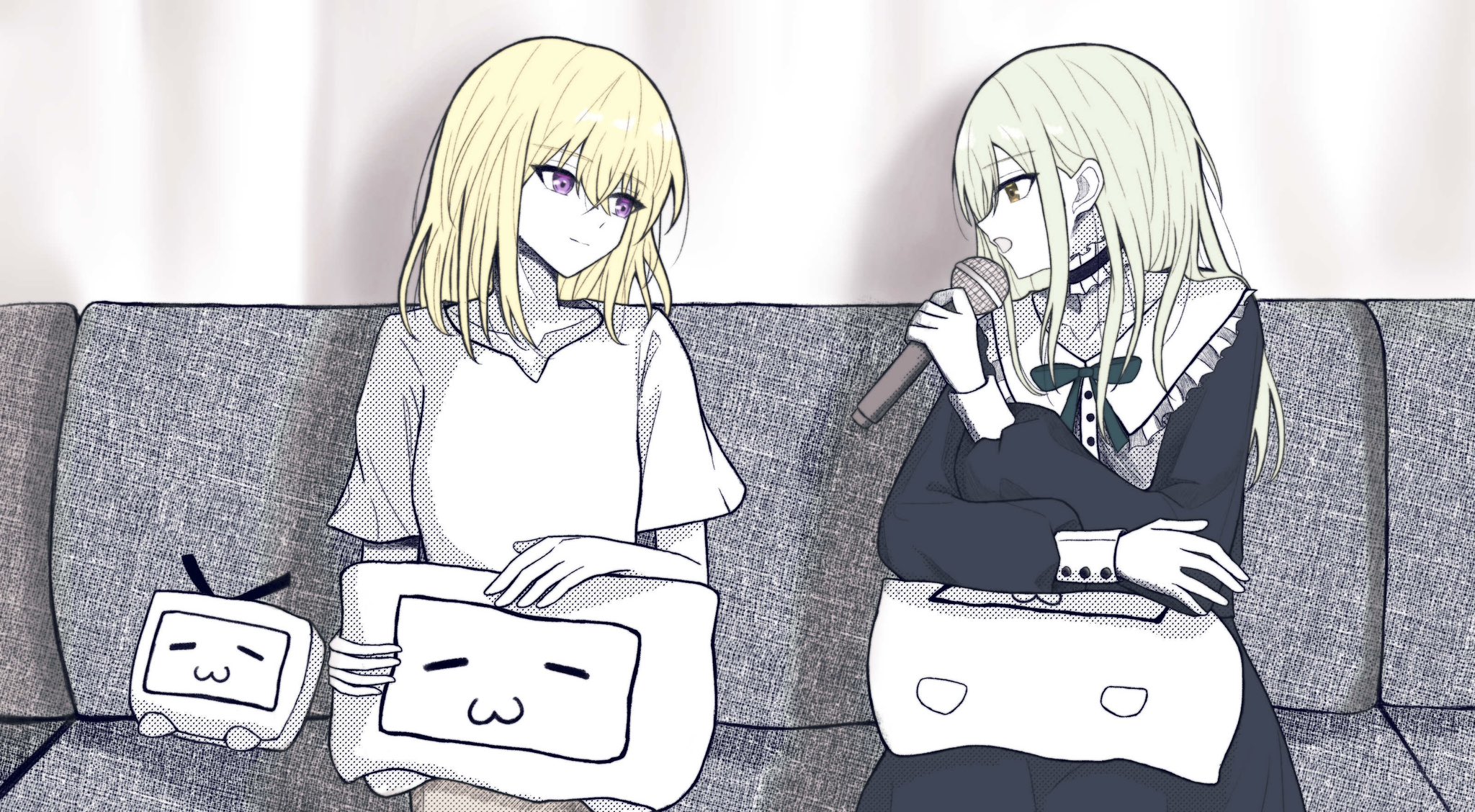 2girls bang_dream! bang_dream!_it's_mygo!!!!! black_choker blonde_hair blue_dress chinese_commentary choker commentary_request dress frilled_choker frills green_hair hair_between_eyes highres holding holding_microphone long_hair long_sleeves medium_hair microphone misumi_uika momokan_1209 multiple_girls niconico photo-referenced purple_eyes shirt short_sleeves sidelocks sitting terebi-chan wakaba_mutsumi white_shirt yellow_eyes