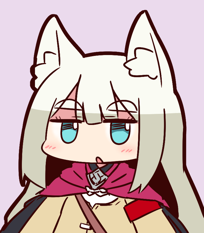 1girl 7th_dragon_(series) 7th_dragon_2020 7th_dragon_2020-ii animal_ear_fluff animal_ears blue_eyes blush brown_jacket cape female_focus grey_hair ikurakun_(7th_dragon) jacket jitome long_hair looking_at_viewer lucier_(7th_dragon) mage_(7th_dragon) naga_u parted_lips purple_background purple_cape shitorin_(7th_dragon) sidelocks simple_background solo thick_eyebrows upper_body
