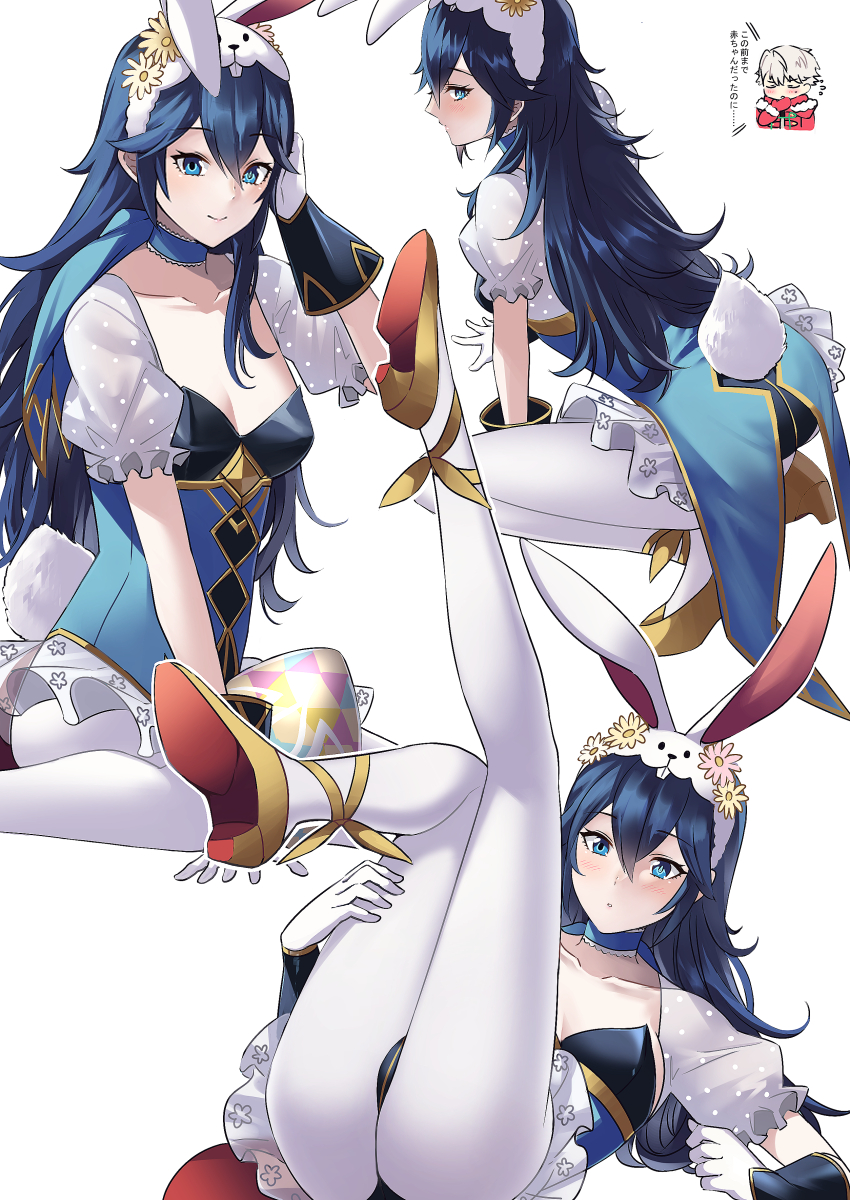 1boy 1girl ameno_(a_meno0) animal_ears ass blue_choker blue_eyes blue_hair blue_leotard breasts choker fake_animal_ears fire_emblem fire_emblem_awakening fire_emblem_heroes gloves highres leotard long_hair lucina_(fire_emblem) lucina_(spring_exalt)_(fire_emblem) male_robin_(fire_emblem) mismatched_pupils nintendo official_alternate_costume pantyhose playboy_bunny rabbit_ears male_robin_(festive_tactician)_(fire_emblem) simple_background small_breasts tiara translation_request very_long_hair white_background white_pantyhose