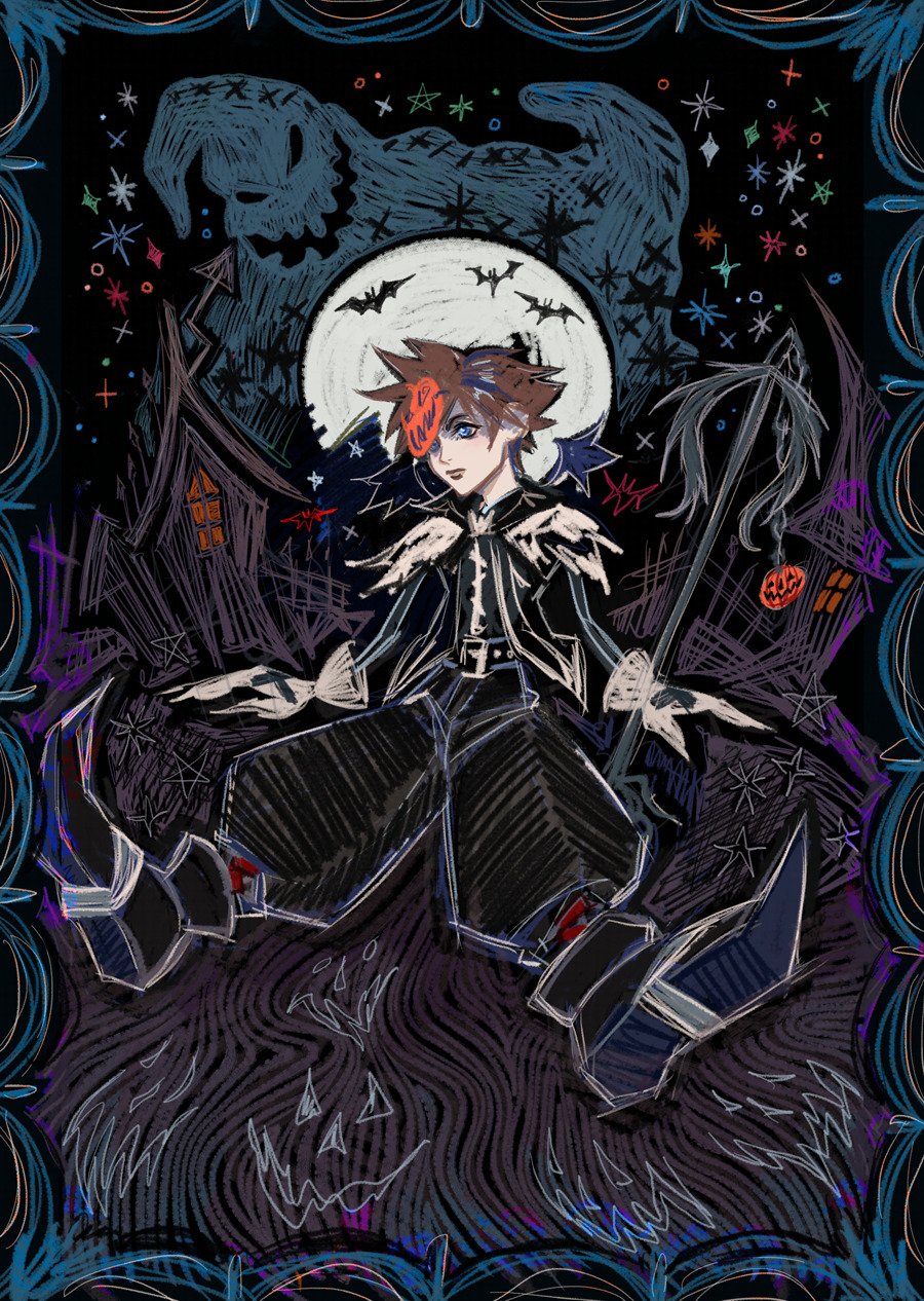 bat_(animal) bat_wings belt black_background black_belt black_footwear black_jacket black_wings blue_eyes border bright_pupils brown_hair commentary english_commentary expressionless full_moon fur_trim gloves halloween highres house jack-o&#039;-lantern jacket keyblade kingdom_hearts kingdom_hearts_ii looking_to_the_side mask mask_on_head mimamilux moon oogie_boogie open_clothes open_jacket ornate_border pointy_footwear puffy_pants short_hair sitting sora_(halloween_town)_(kingdom_hearts) sora_(kingdom_hearts) spiked_hair star_(symbol) studded_belt the_nightmare_before_christmas white_gloves window wings