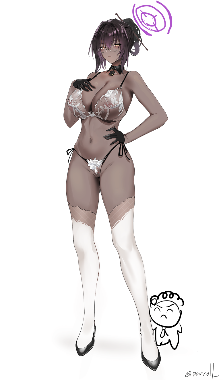 1girl black_collar black_footwear black_gloves black_hair blue_archive bra breasts cleavage closed_mouth collar collarbone covered_erect_nipples dark-skinned_female dark_skin detached_collar doodle_sensei_(blue_archive) full_body glasses gloves gradient_hair hair_between_eyes hair_bun hair_ornament hair_stick halo hand_on_own_chest hand_on_own_hip high_heels highres karin_(blue_archive) lock long_hair multicolored_hair navel padlock padlocked_collar panties porroll pumps purple_hair purple_halo rimless_eyewear see-through_bra see-through_clothes see-through_panties sensei_(blue_archive) side-tie_panties simple_background single_hair_bun solo standing stomach thighhighs thighs twitter_username underwear white_background white_bra white_panties white_thighhighs