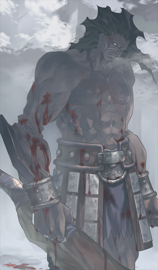 1boy abs armor black_hair blank_eyes blood blood_on_arm blood_on_chest blood_on_clothes blood_on_face bloody_weapon bracer breath closed_mouth colored_skin commentary cowboy_shot fate/grand_order fate/stay_night fate_(series) faulds grey_skin heracles_(fate) holding holding_weapon long_hair looking_down male_focus muscular muscular_male nameless_axe-sword_(fate) no_eyebrows official_art outdoors pectorals purple_skirt skirt solo standing takeuchi_takashi third-party_source topless_male weapon white_background