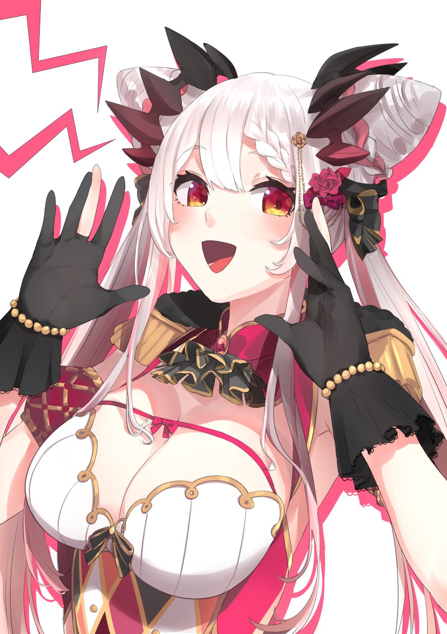 1girl :d argyle_clothes argyle_shirt ascot atsushima black_ascot black_gloves black_horns blush bow bracelet braid braided_bun breasts cleavage commentary_request cone_hair_bun demon_girl detached_sleeves double_bun epaulettes flower gloves gradient_hair grey_hair hair_bun hands_up highres horns jewelry large_breasts long_hair looking_at_viewer multicolored_hair nanashi_inc. open_mouth orange_eyes partially_fingerless_gloves pearl_bracelet pink_hair puffy_detached_sleeves puffy_sleeves red_bow red_flower red_rose red_shirt red_sleeves rose shirt sidelocks simple_background sleeveless sleeveless_shirt smile solo suou_patra upper_body virtual_youtuber white_background white_hair